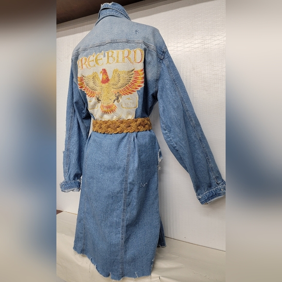 **SOLD*******Lynyrd Synyrd Free Bird Long Denim Jean Jacket Upcycled Vintage - Picture 8 of 12